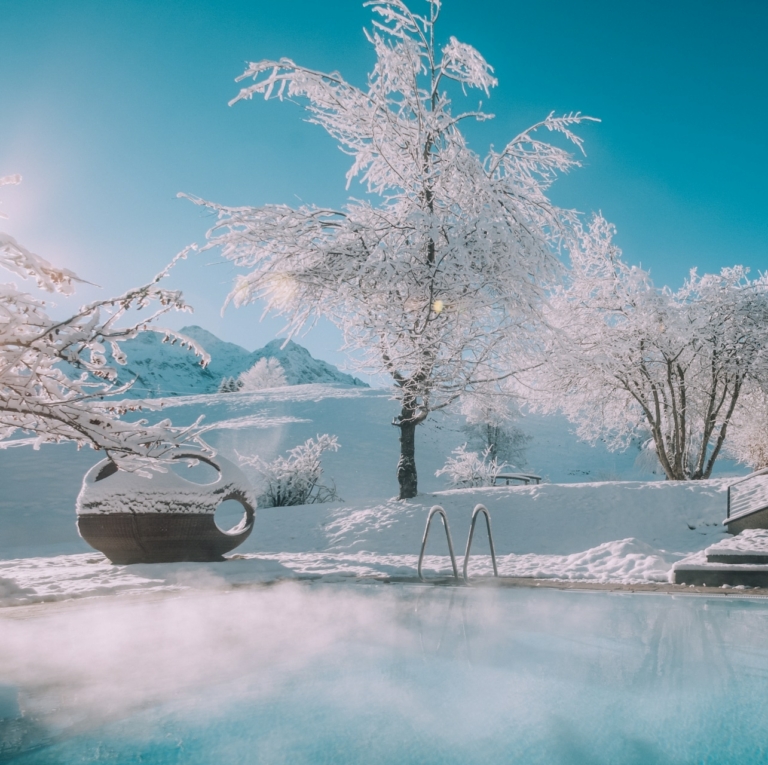 Naturhotel Pool in Winterlandschaft mit Schnee